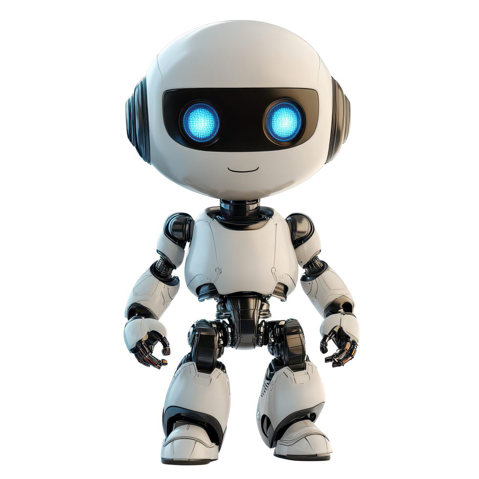 Adorable AI robot character standing on a transparent background, showcasing friendly design and bright blue eyes, Adorable AI Robot Character on transparent background png