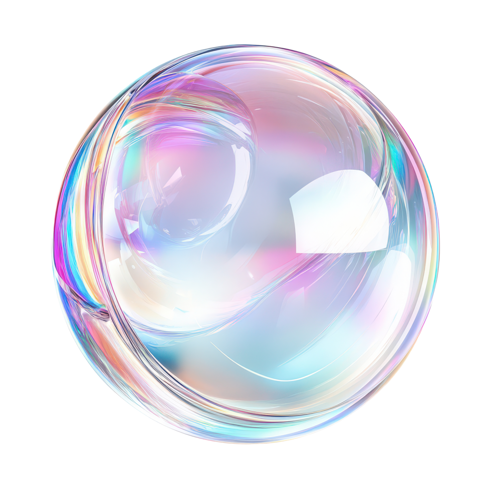Crystal glass bubbles showcasing refraction and colorful holographic effects in vibrant light, 3d crystal glass bubble with refraction and holographic effect isolated on transparent background png