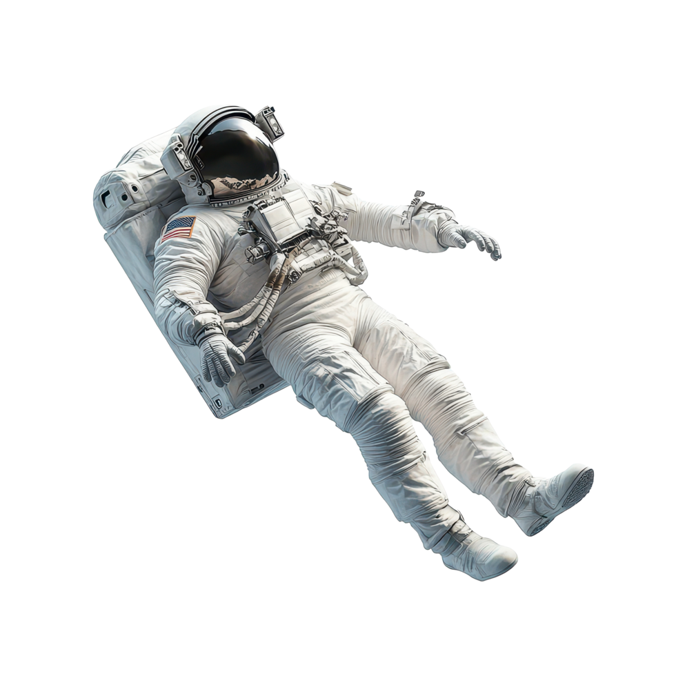 An astronaut in a space suit floating in zero gravity, exploring the vastness of outer space beyond, Astronaut character in space suit floating in zero gravity on transparent background png