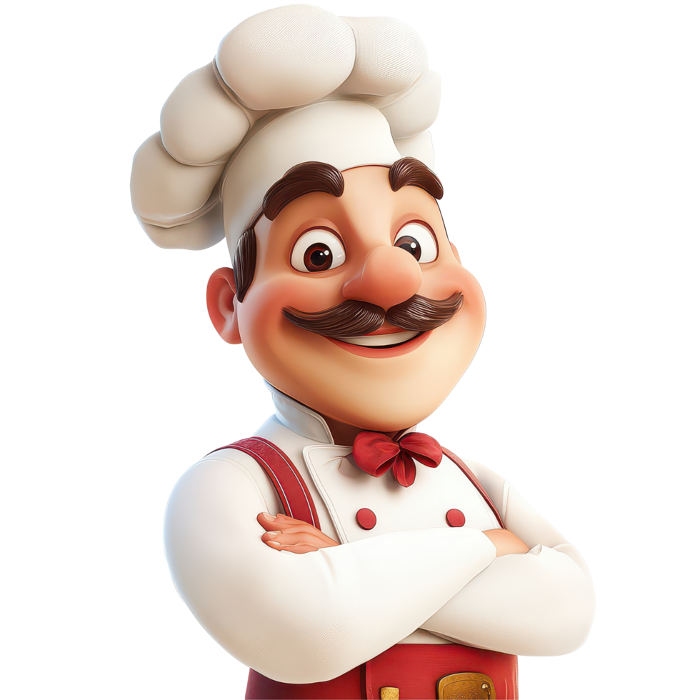 A cheerful cartoon chef stands confidently with arms crossed against a transparent background, radiating culinary passion, 3D cartoon character chef on transparent background png