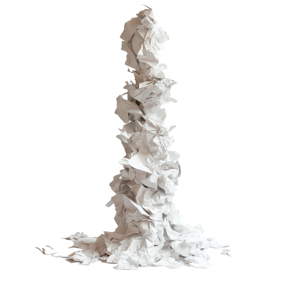 A towering structure of crumpled paper creating an artful chaos against a bright background, Artful Chaos A Tower Crumpled Papers, transparent background. png
