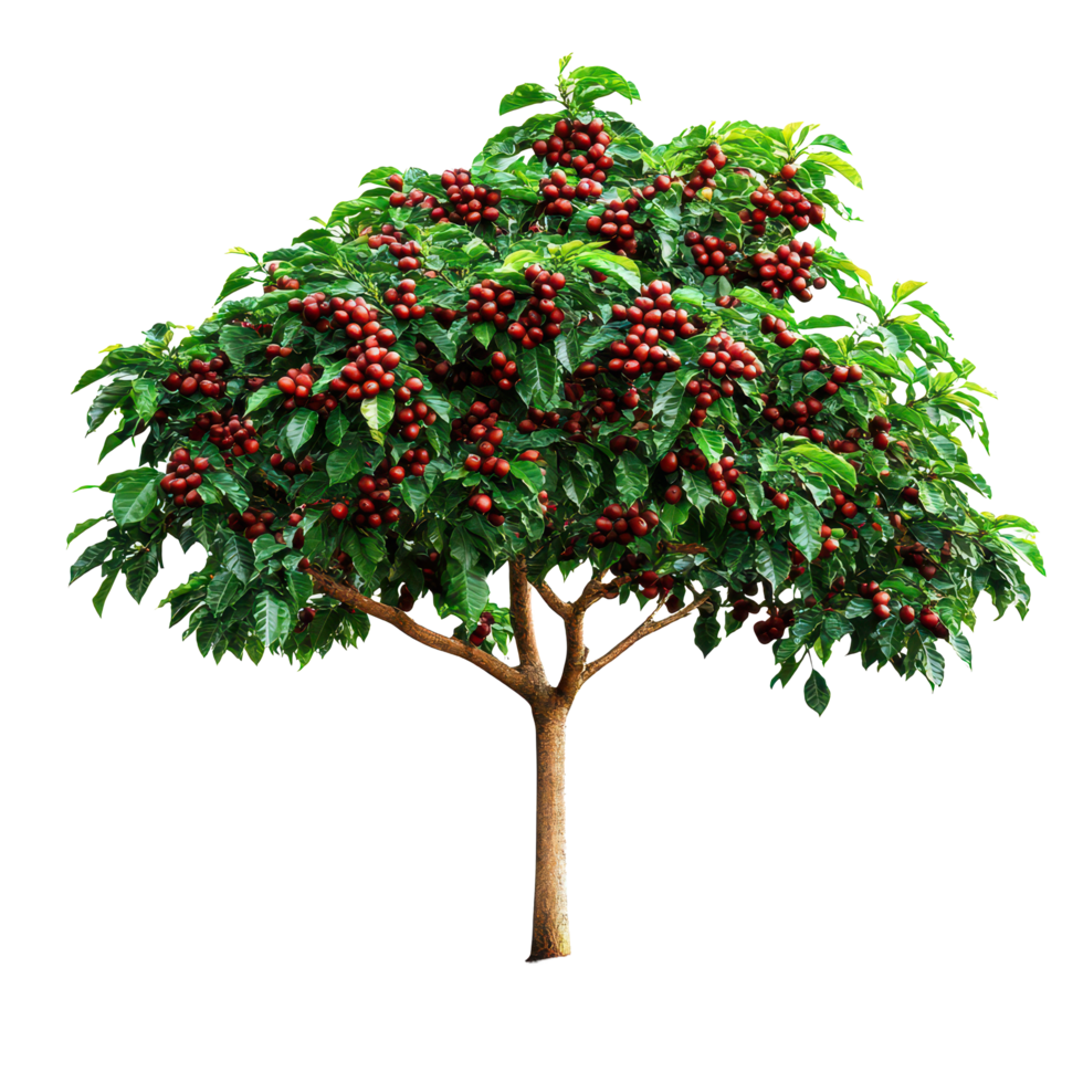Abundant coffee tree with ripe beans ready for harvest under bright sunlight, A coffee tree with an abundance coffee beans, transparent background. png