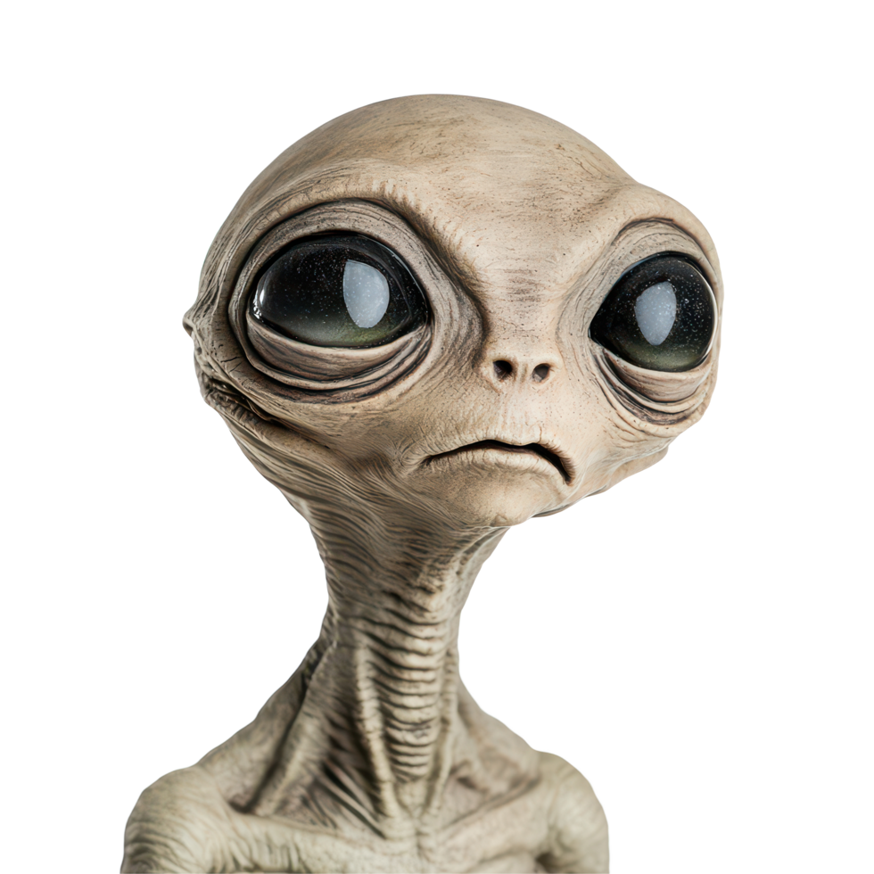 Unique alien extraterrestrial creature isolated on a transparent background displaying large eyes and a slender body, Alien Extraterrestrial Creatures Isolated on transparent background png