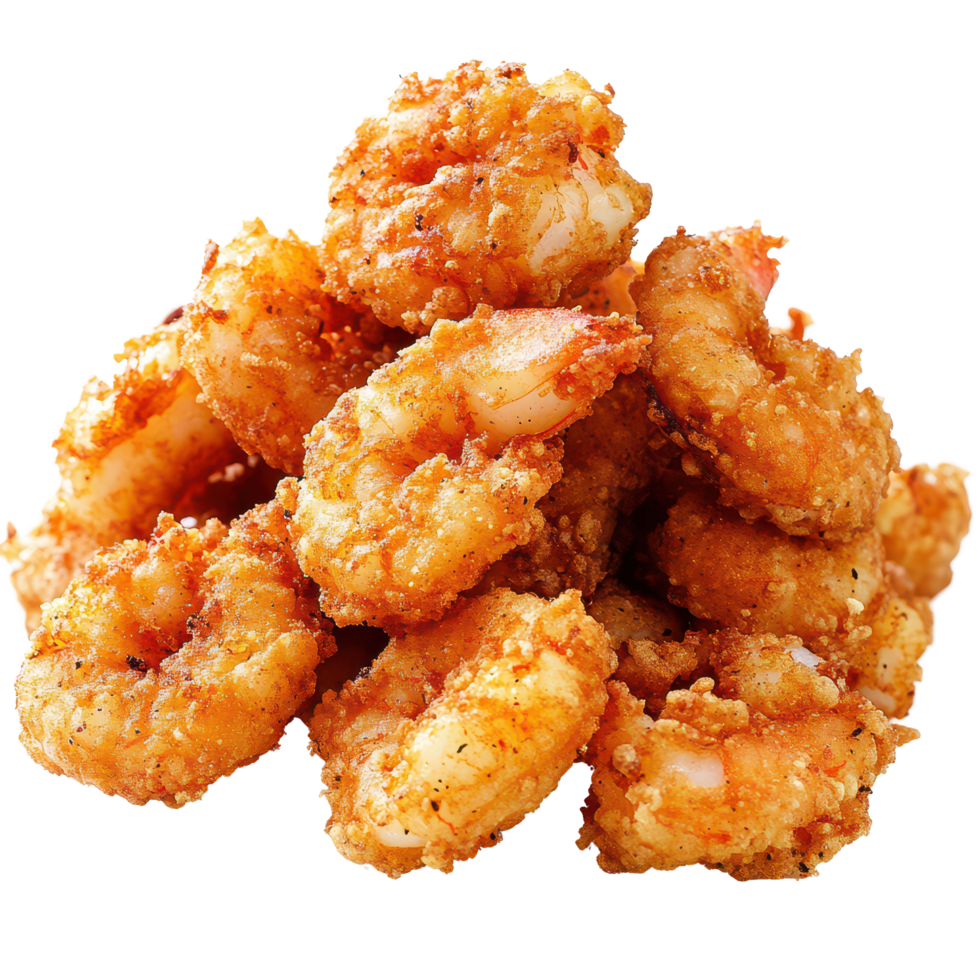 Crispy fried shrimp piled high on a clean plate ready to be enjoyed at a seafood restaurant, A delicious pile fried shrimp on a clean transparent background png