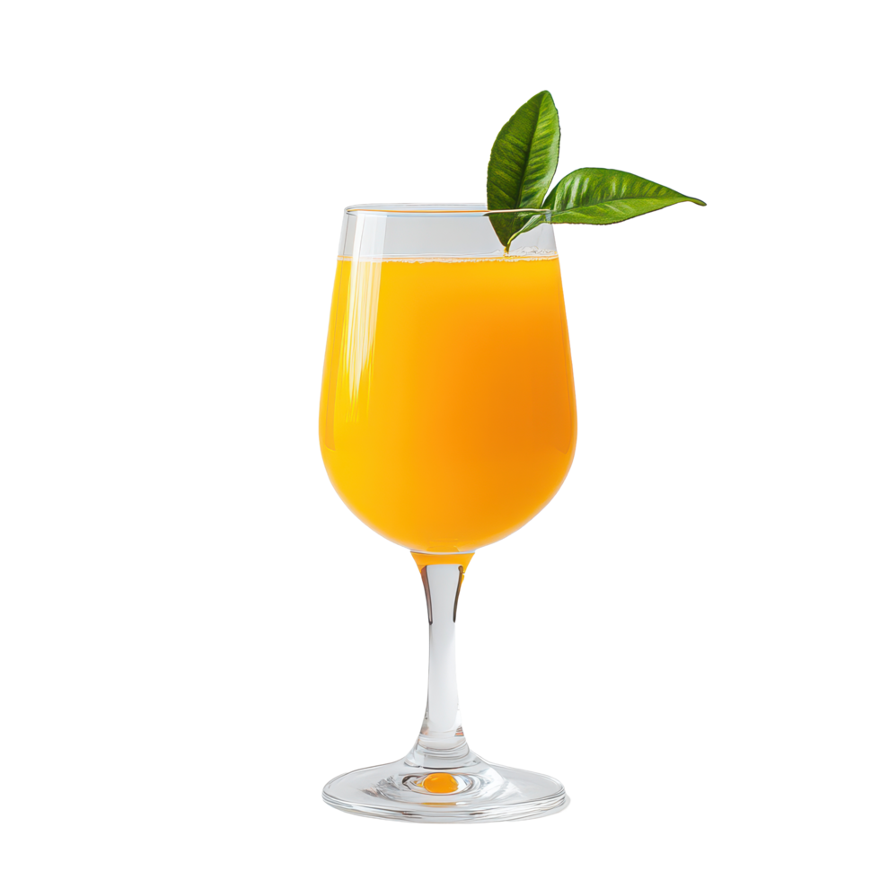 Refreshing glass of orange juice with green leaves on a transparent background for a bright morning boost, Orange juice in a glass isolated on transparent background png