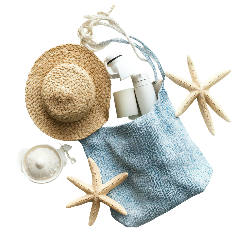 Beach bag packed for a relaxing day by the seaside with essentials for sun and fun, Beach bag with items for a day at the seaside on transparent background png