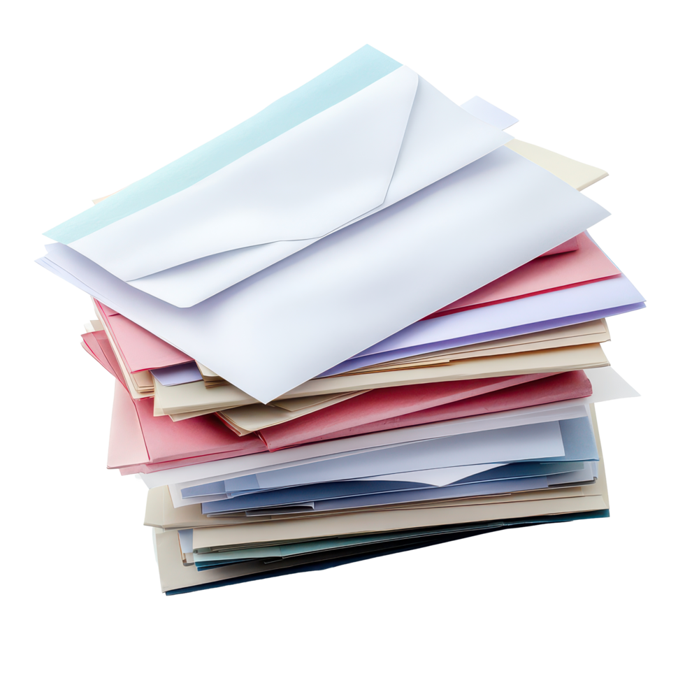 A stack of assorted envelopes representing bills and correspondence ready for sorting and mailing at home, Bills envelopes stack isolated mails correspondence mail png