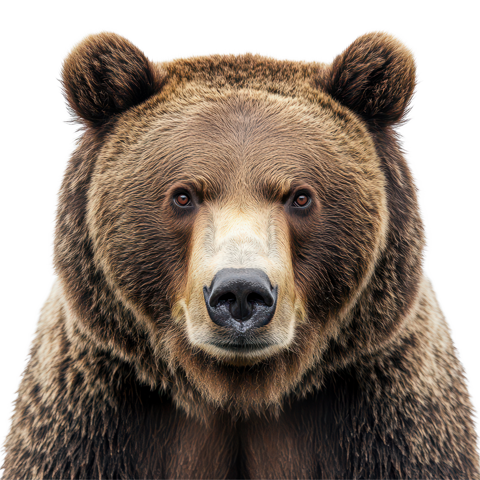 Close-up of a majestic brown bear displaying an intense gaze against a transparent background, A majestic brown bear's intense gaze up close, transparent background. png