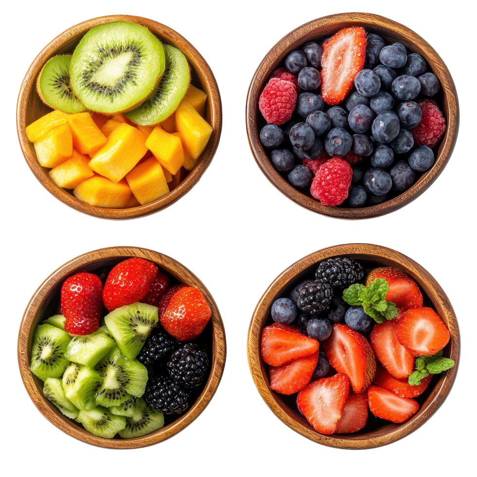Assorted fresh fruit salad bowls including kiwi, berries, and mango on a bright transparent background, Assorted Fresh Fruit Salad Bowls on transparent background png