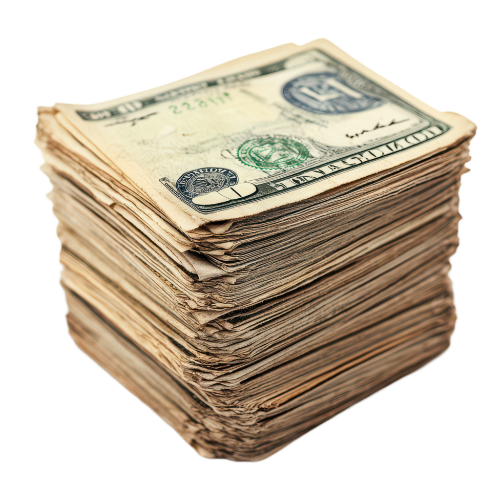 Stack of old American currency bills on a transparent background showcasing historical design and age, A stack old American currency, transparent background. png