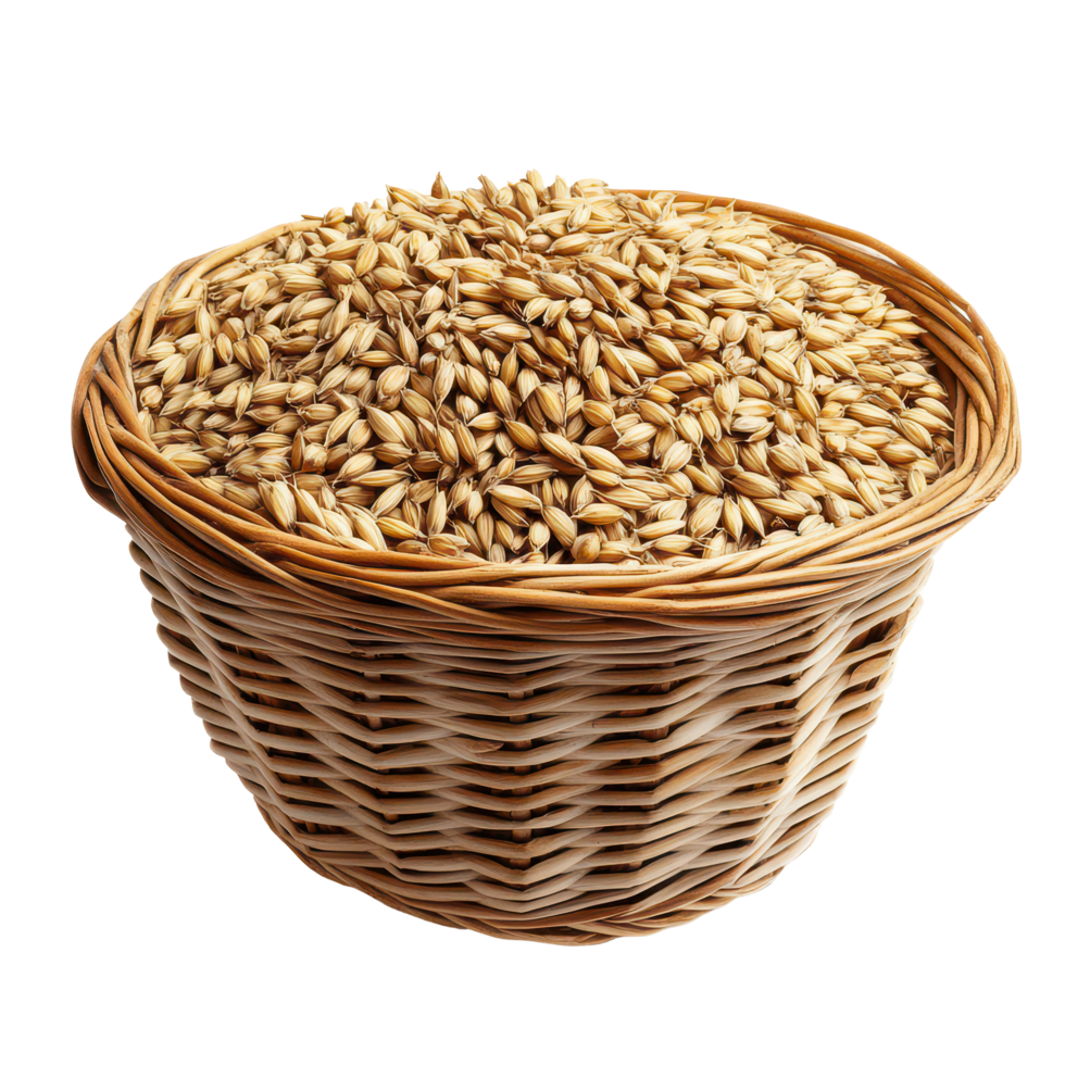 A woven basket filled with golden barley grains isolated on a clean transparent background for agricultural showcase, Barley Grains in the basketisolated on transparent background png