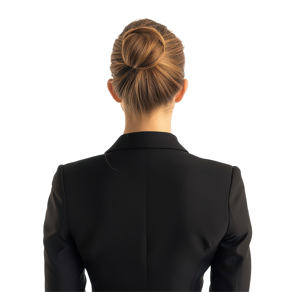 Business woman with a bun facing away against a plain transparent background, dressed professionally for work, Back View Business Woman with Bun on transparent background png