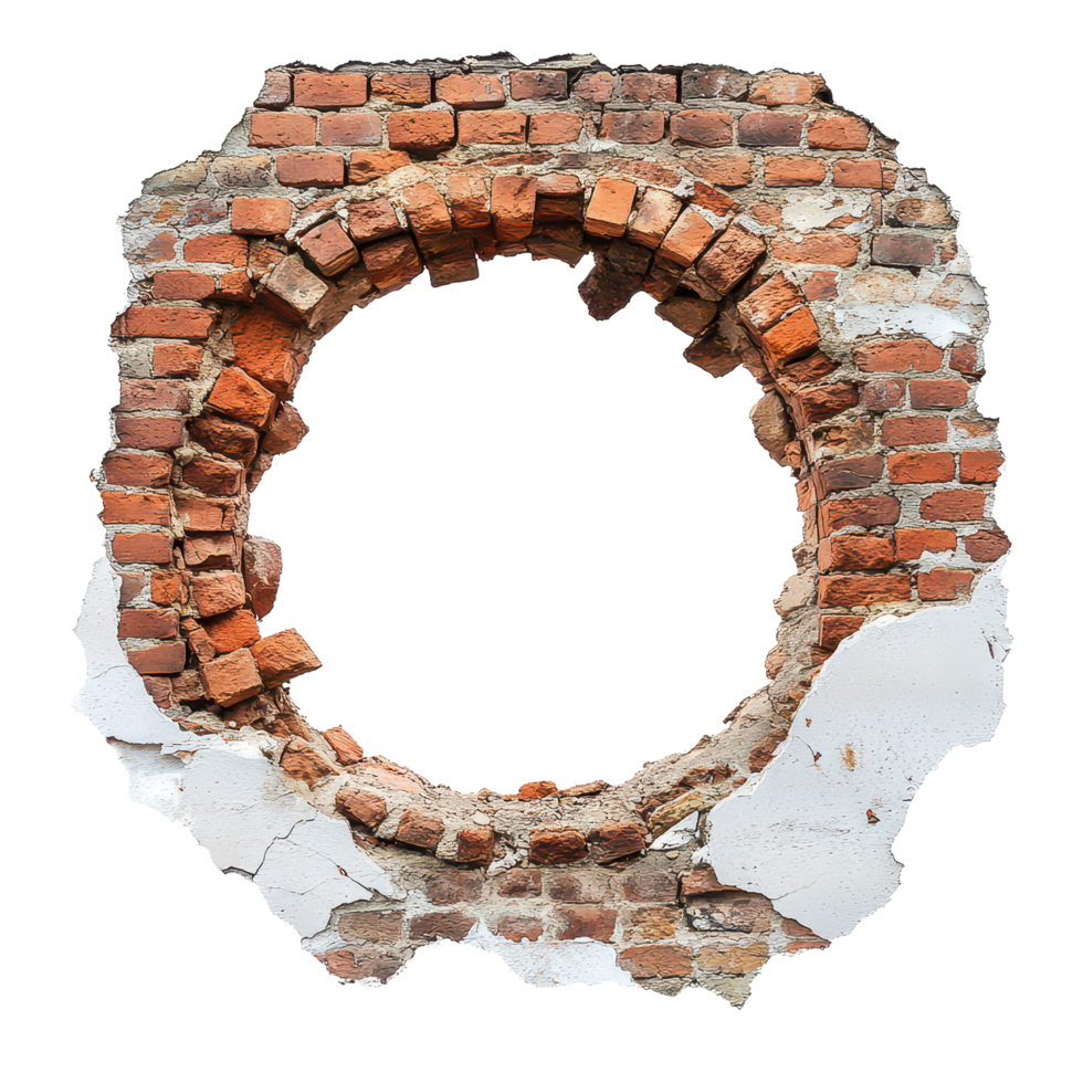 Damaged brick wall with a circular hole revealing empty space in an urban setting during daylight hours, a damaged brick wall with a circular hole in the center, transparent background. png