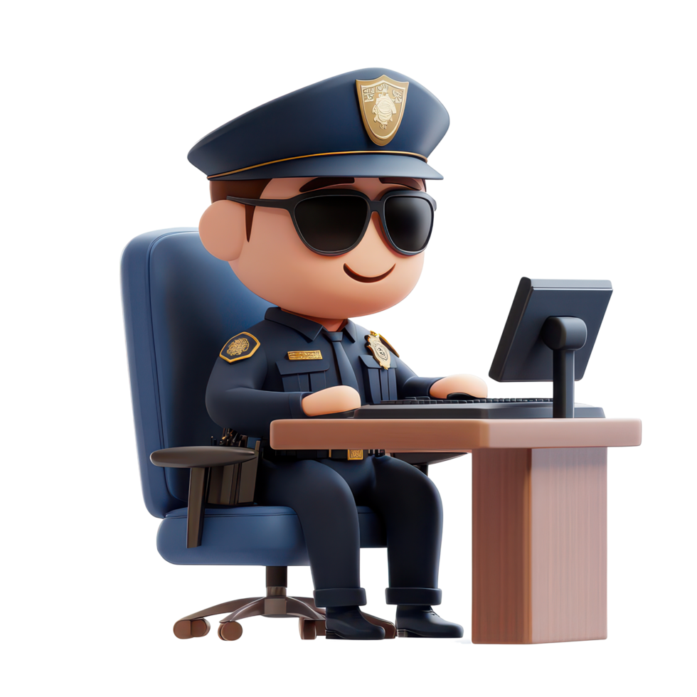 Police officer character working at a workstation with a computer and desk in a bright environment, 3D Police Officer Character at Workstation on transparent background png