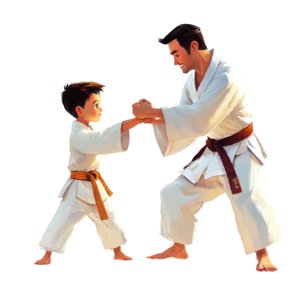 A young karate student practices with his teacher wearing a gi in a calm training environment, Asian Little Karate Boy and hid Teacher in Kimono png