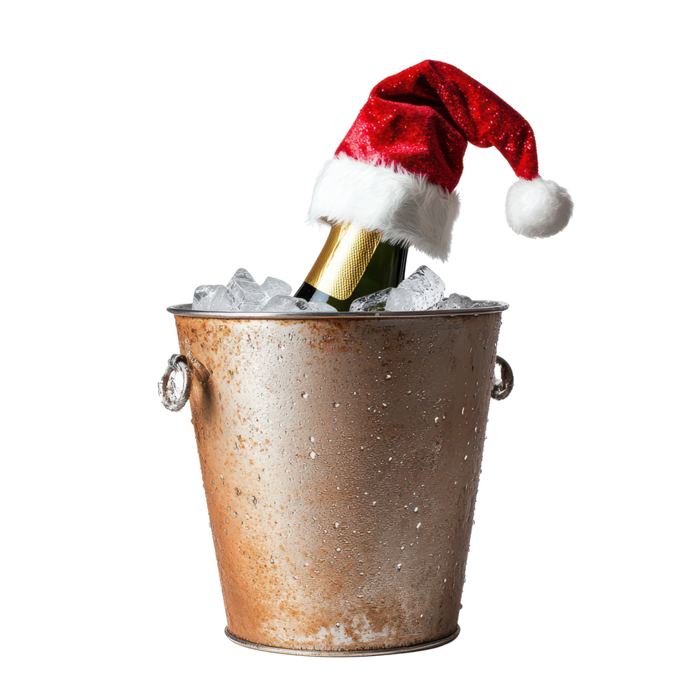 Champagne bottle wearing a Santa hat resting in an ice bucket during the festive holiday season, A bottle of champagne with a red Santa Claus cap in an ice bucket Isolate on transparent background png