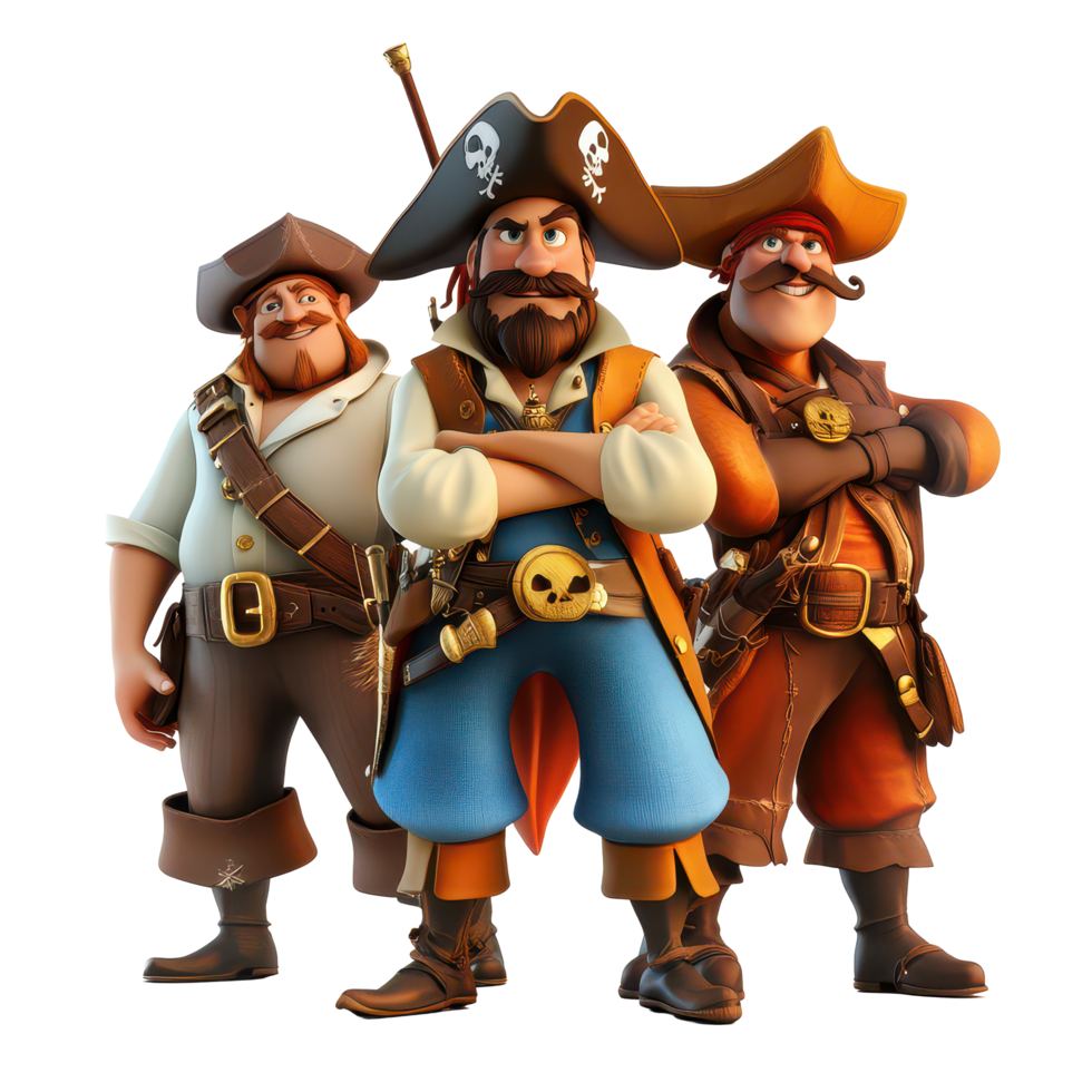 Three cartoon pirate characters standing confidently in a buccaneer pose with swords drawn, 3D Cartoon Pirate Characters, Swashbuckling Buccaneers Isolated on transparent background png