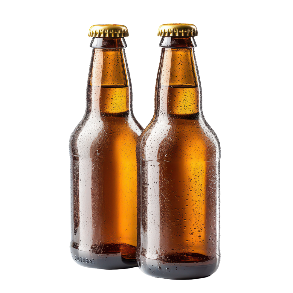 Two chilled beer bottles with condensation on a bright transparent background ready for summer enjoyment, Beer bottles isolated on transparent background png
