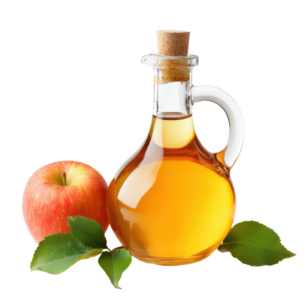 Fresh apple juice and cider vinegar in a glass bottle with a red apple and green leaves on a transparent background, apple juice cider vinegar isolated on transparent background png