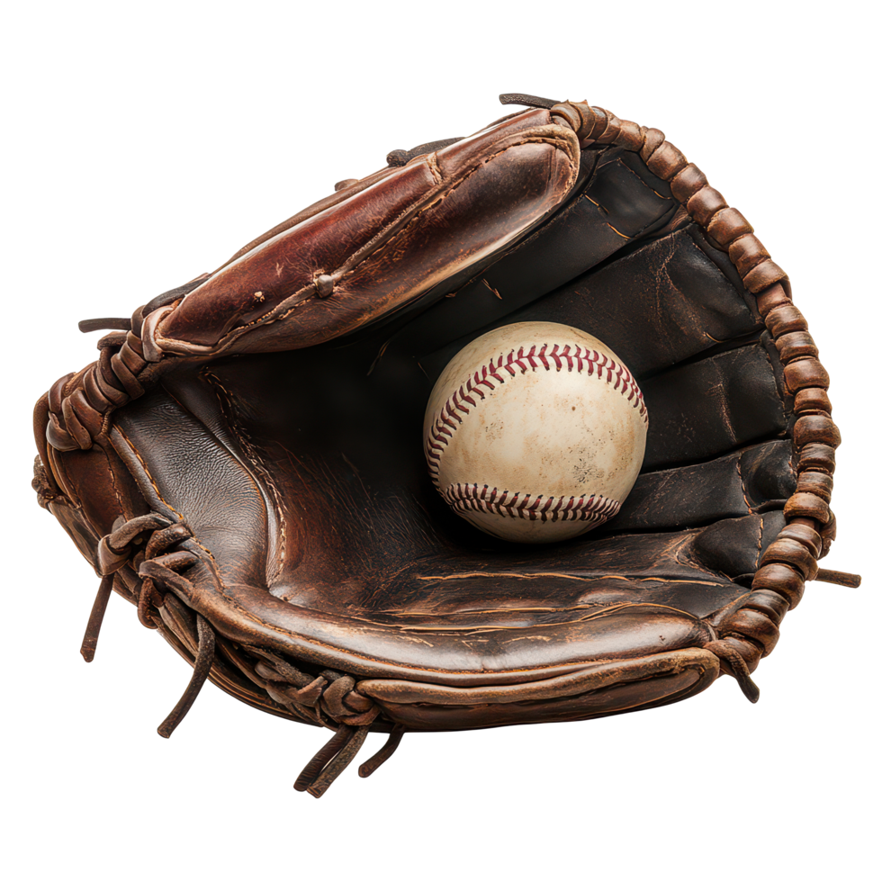 Baseball glove resting with a ball inside on a clean transparent background, ready for a game outdoors, Baseball glove with a ball in it isolated on transparent backgroundimage png