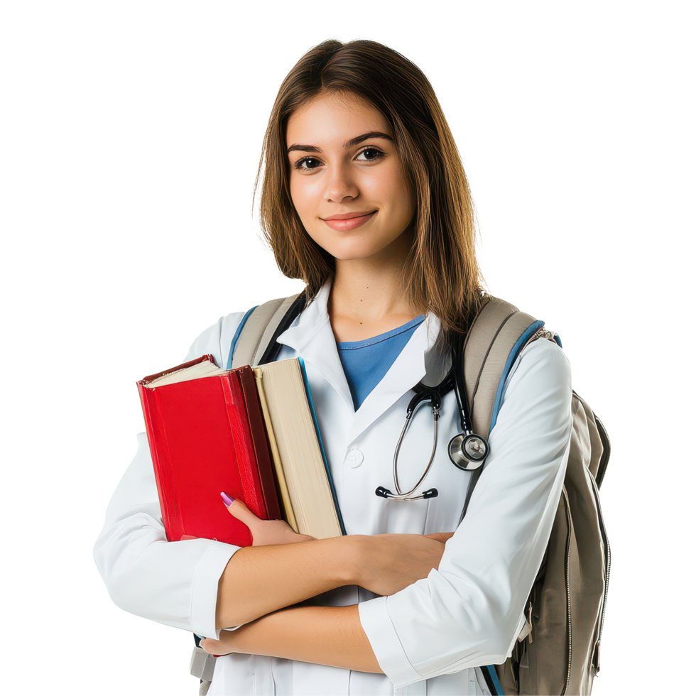 Young female medical student with a backpack and books preparing for the next semester at a university campus, Attractive young female medical student with backpack and books on transparent background png
