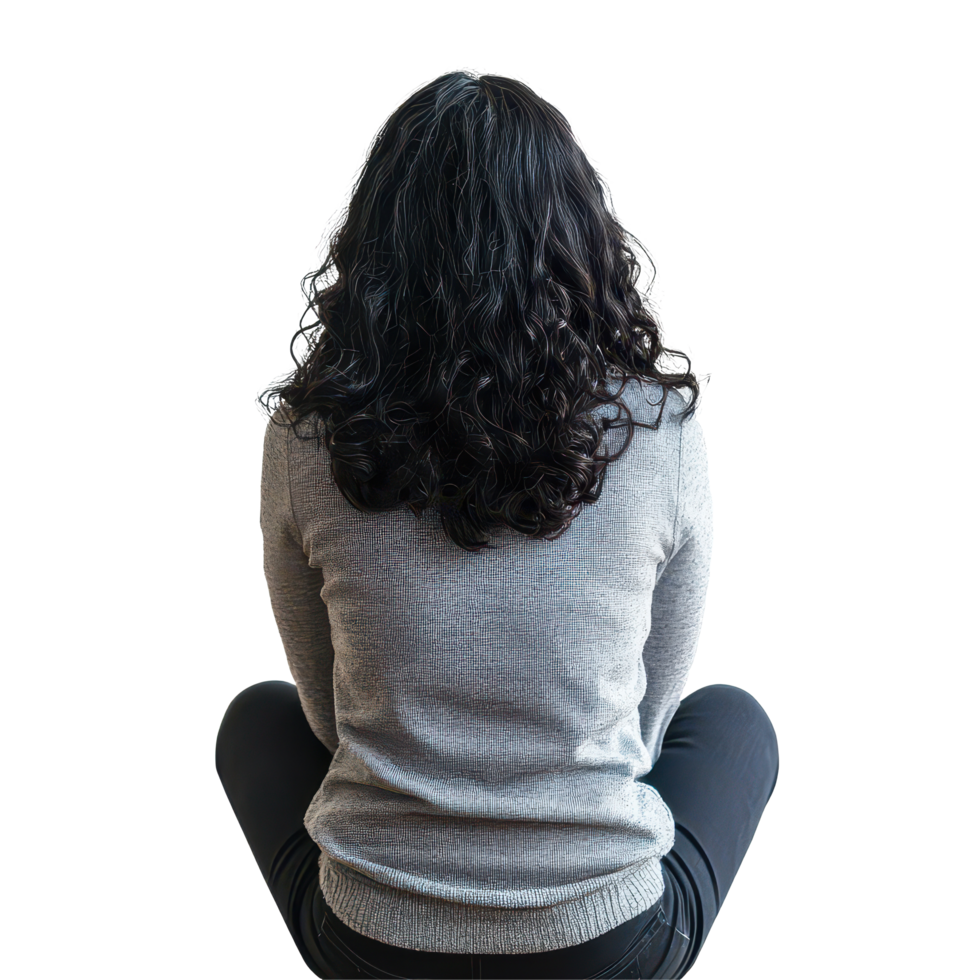 A woman sitting in a casual outfit on a transparent background, reflecting in thoughtful solitude, Back View a Woman Sitting in Casual Outfit on transparent background png