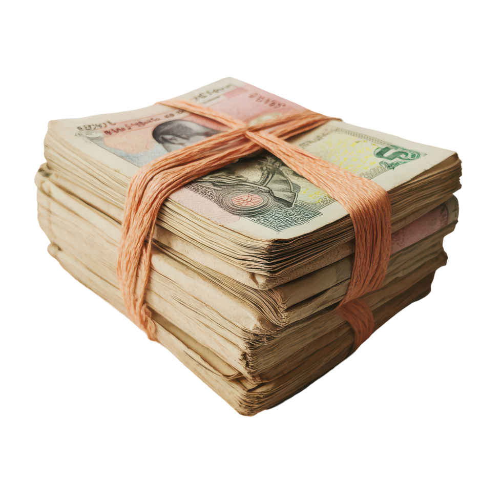 A neatly arranged bundle of banknotes wrapped in rubber bands on a transparent background, A bundle banknotes transparent background png