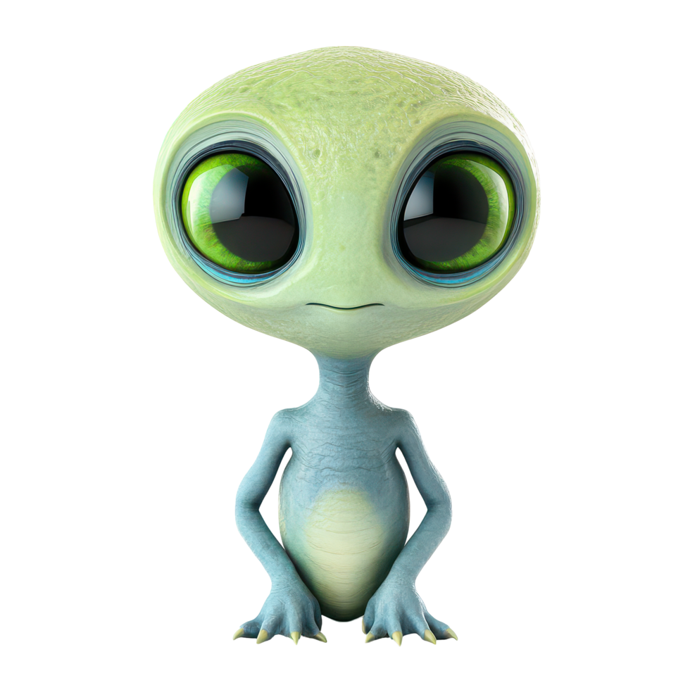 A cute cartoon alien character with large green eyes standing on a transparent background looking curiously at the viewer, a cartoon alien with big green eyes, transparent background. png