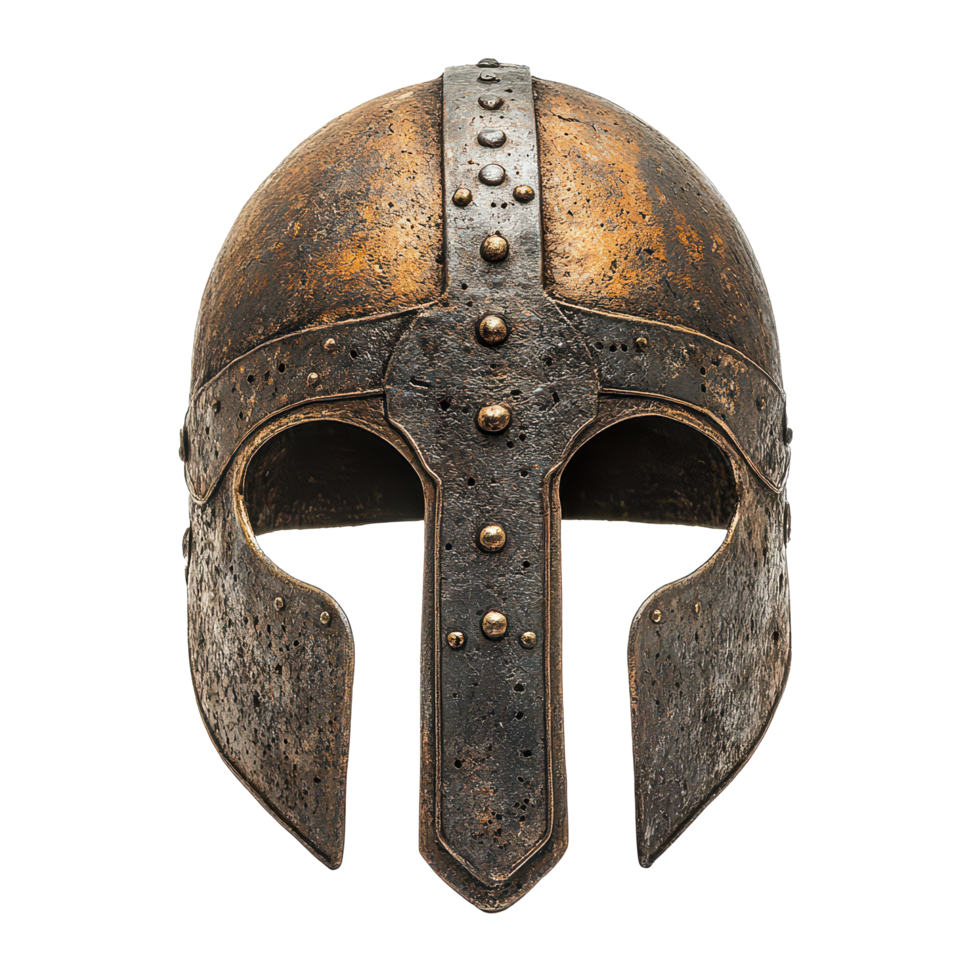 Ancient Viking helmet with nose guard displayed on a clean transparent background, Ancient Viking Helmet with Nose Guard on transparent background png