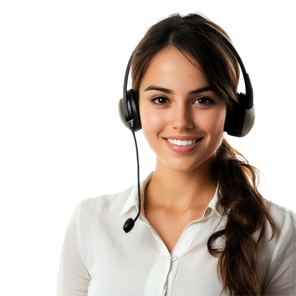 Young customer service agent smiling while wearing a headset against a transparent background, Beautiful young customer service agent, transparent background. png