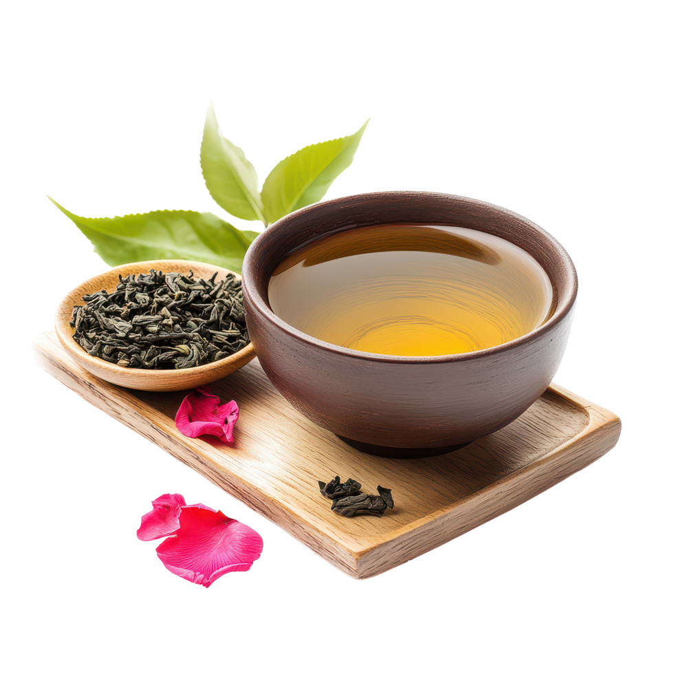 Discover the aromatic qualities of green Chinese tea with fresh leaves and rose petals on a serene transparent background, Aromatic flower green chinese tea ontransparent background png