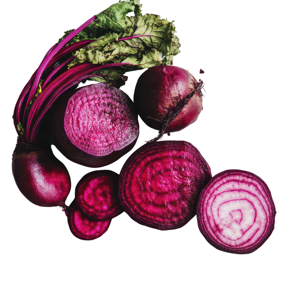 Freshly harvested beetroot vegetables arranged on a clean surface showcasing vibrant purple hues and textures, beetroot vegetables and half on transparent background png
