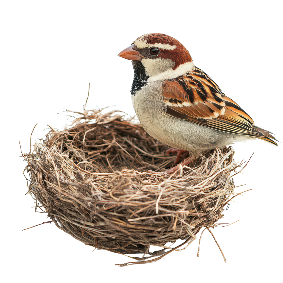 A beautiful sparrow perched gracefully in its nest against a clean transparent background, beautiful sparrow in its nest on transparent background png