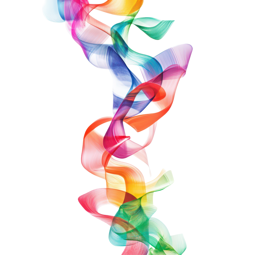 Colorful abstract streamers gracefully twisting against a clean transparent background, creating a vibrant visual experience, Abstract colorful streamers, transparent background. png