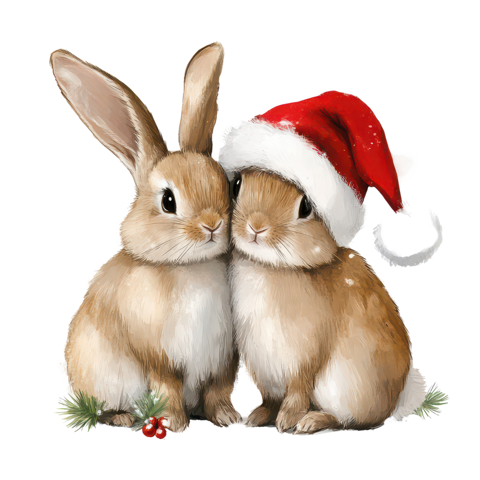 Adorable bunny couple wearing a Christmas hat on a snowy background celebrating the festive season together, Adorable Bunny Couple with Christmas Hat on transparent background png