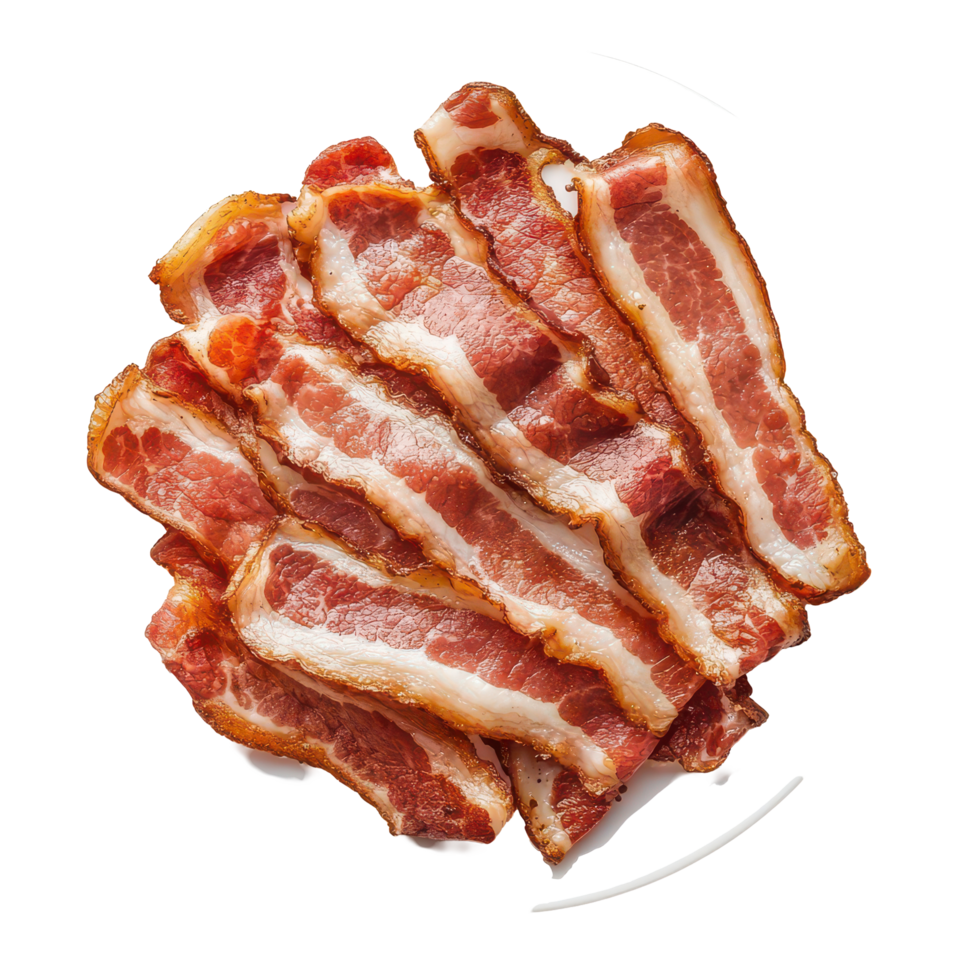 Crispy bacon strips arranged on a plate for a delicious breakfast or snack option, bacon in plateisolated on transparent background png