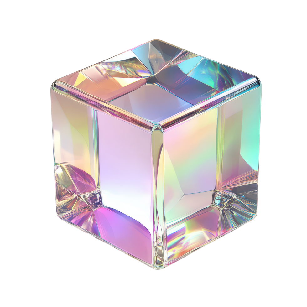 A crystal glass cube showcasing vibrant refraction and holographic effects in soft lighting, 3d crystal glass bubble with refraction and holographic effect isolated on transparent background png
