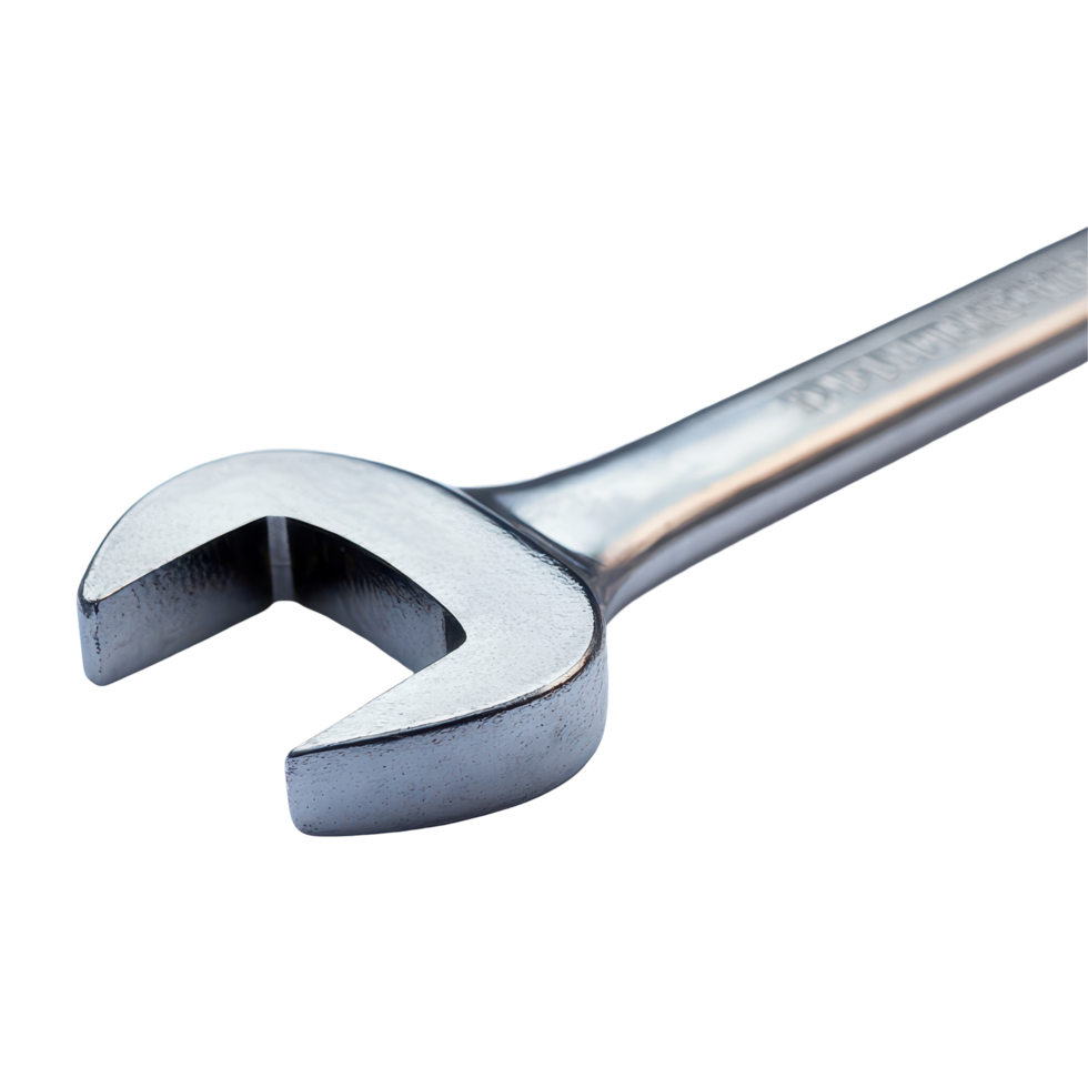 A single silver wrench lying on its side against a clean transparent background highlighting its shiny finish and design, A single silver wrench on its side, transparent background. png