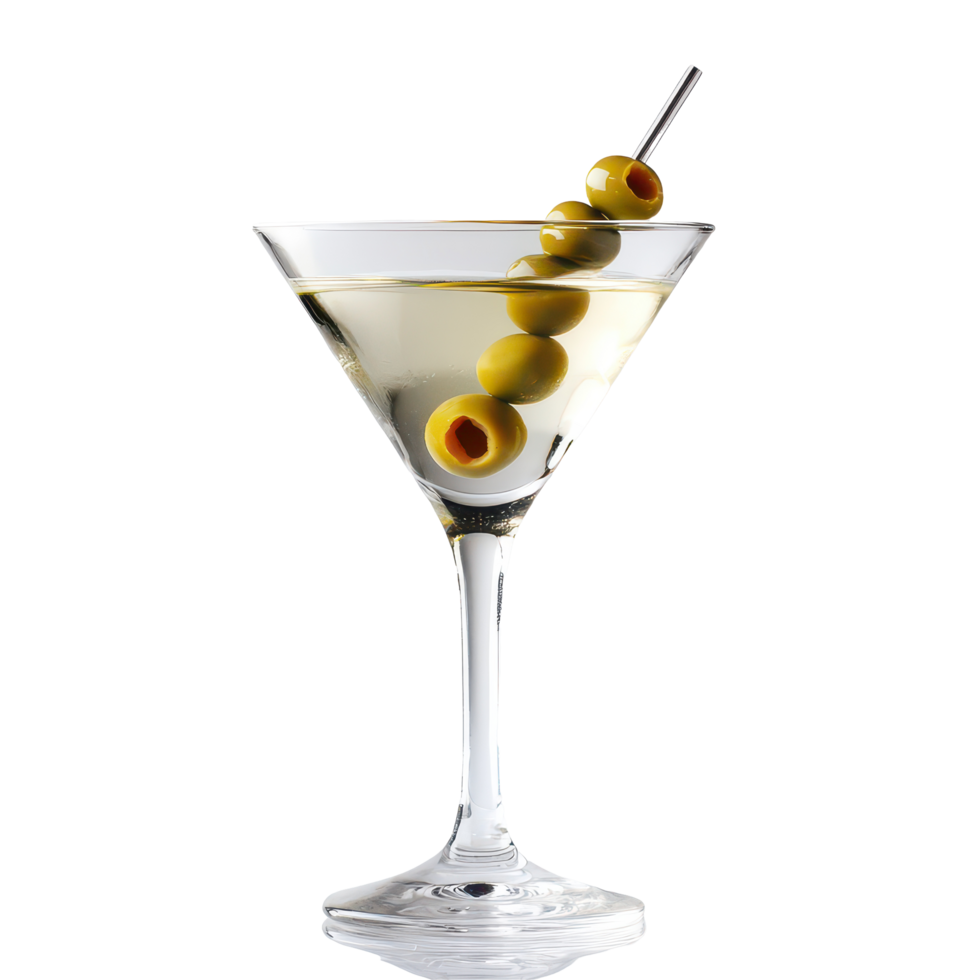 Enjoy a classic martini garnished with olives against a clean transparent background, perfect for any cocktail enthusiast, A classic martini with olives garnish, transparent background. png