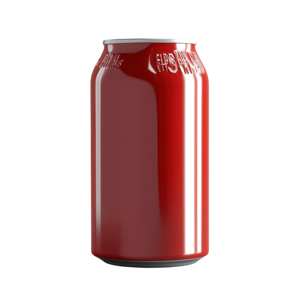 A vibrant red beverage can stands on a gray surface, showcasing its sleek design during a bright daylight setting, Beverage Can png