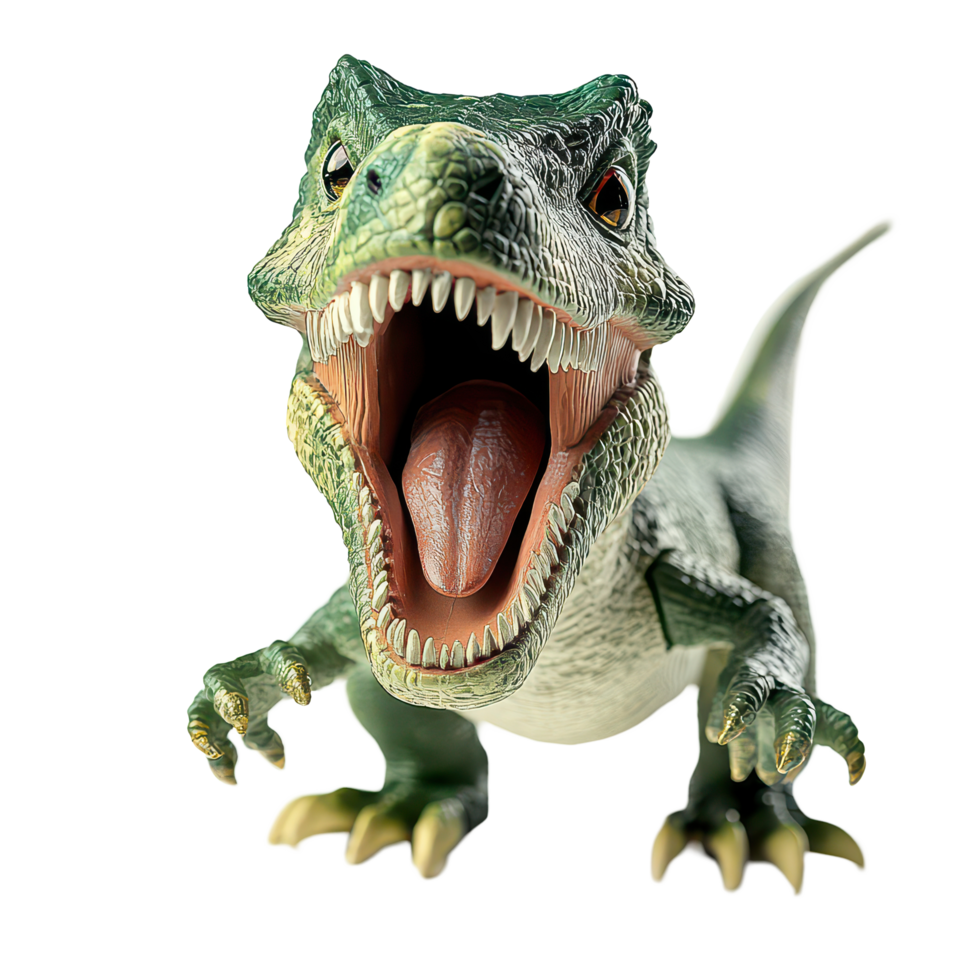 A playful toy dinosaur with an open mouth against a transparent background capturing the joy of childhood discovery, A Playful Toy Dinosaur with Open Mouth, transparent background. png