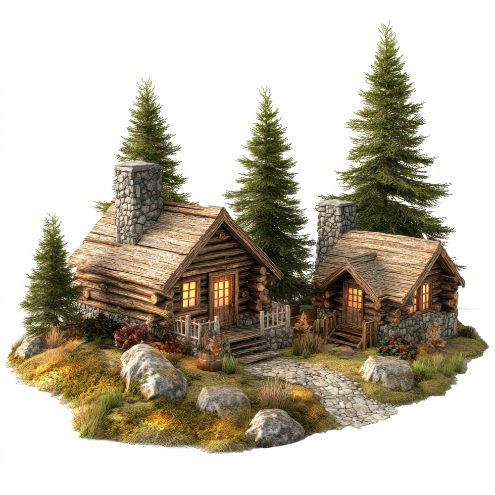 Rustic log cabins nestled in serene nature surrounded by tall trees and rocky pathways, 3D Rustic Log Cabins Surrounded by Nature on transparent background png
