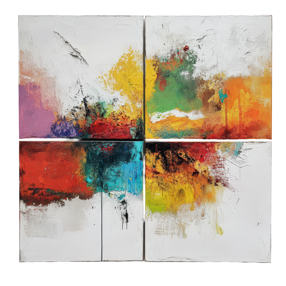 Vibrant abstract art piece featuring a colorful four-panel painting with dynamic brushstrokes, Abstract Art Piece A Four-Panel Painting with Distinct Colors and Textures, transparent background. png