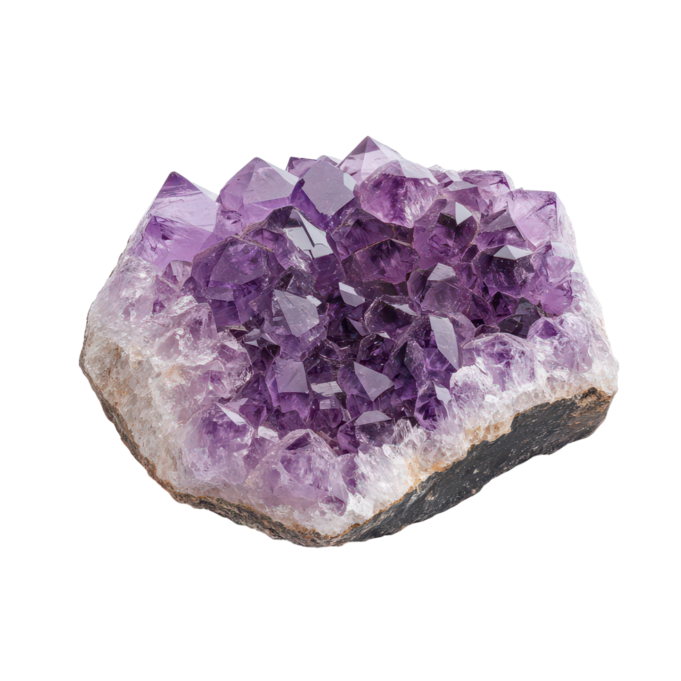 Amethyst crystal cluster isolated on a transparent background showcasing its vibrant purple hue and unique formations, Amethyst stone isolated on transparent background png