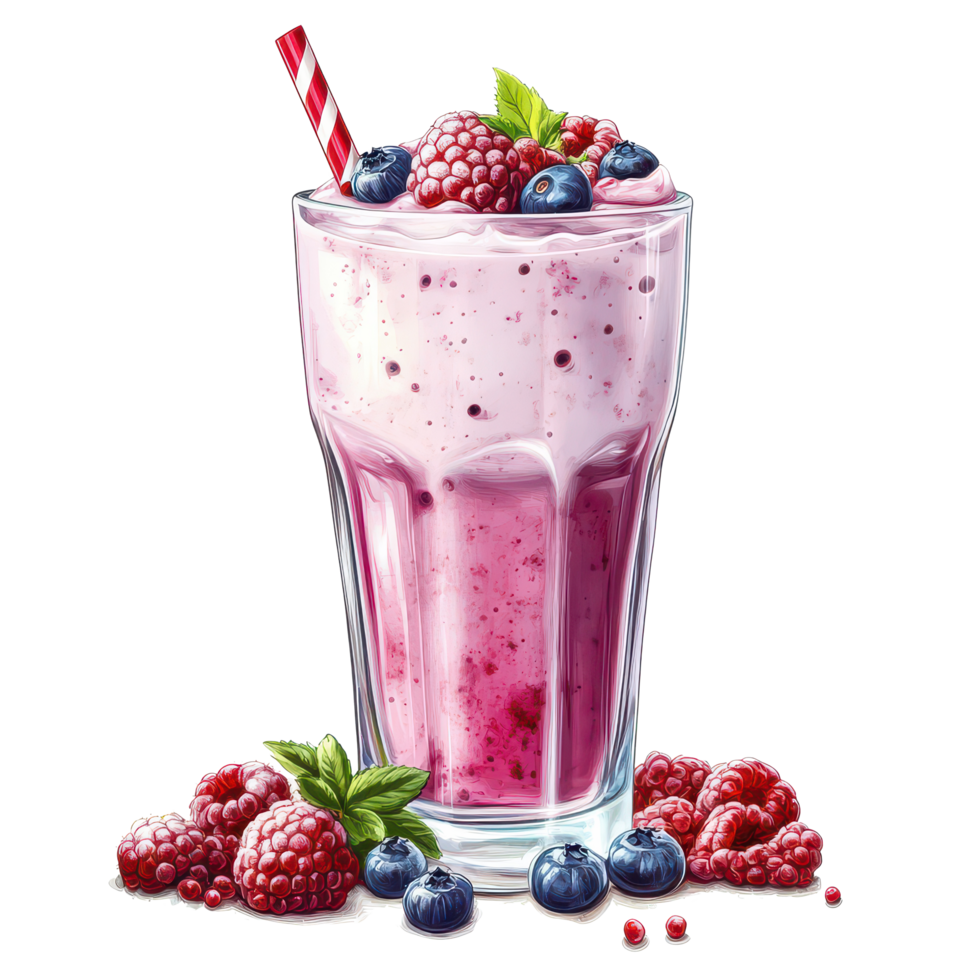 Delicious berry milkshake in a tall glass with fresh berries and a straw against a clean transparent background, Berry Milkshake Isolated, transparent background. png