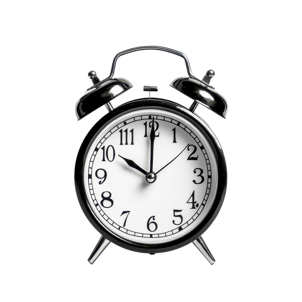 Classic alarm clock on a transparent background showing the time with a clear view of its design and features, Alarm clock isolated transparent background png