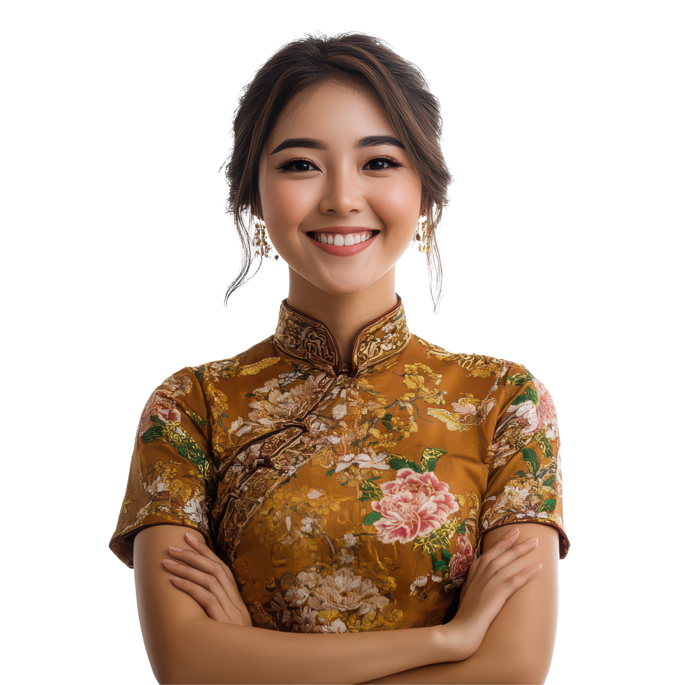 A beautiful Chinese woman smiles happily in a traditional outfit with floral patterns during a bright, a portrait photo of beautiful smiling chinese woman in a qipao, isolated transparent background png