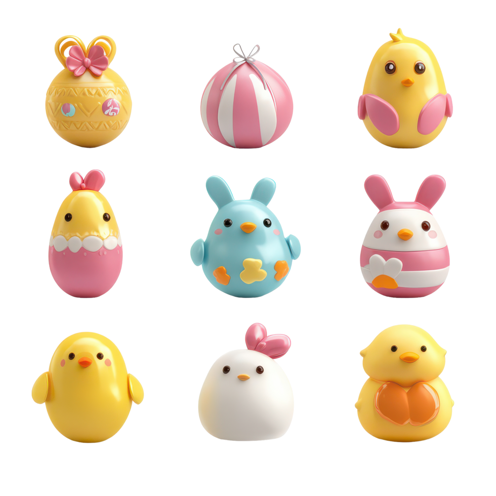 Colorful Easter icons featuring eggs, bunnies, and chicks on a transparent background for festive celebrations, 3d Easter icons isolated on transparent background png