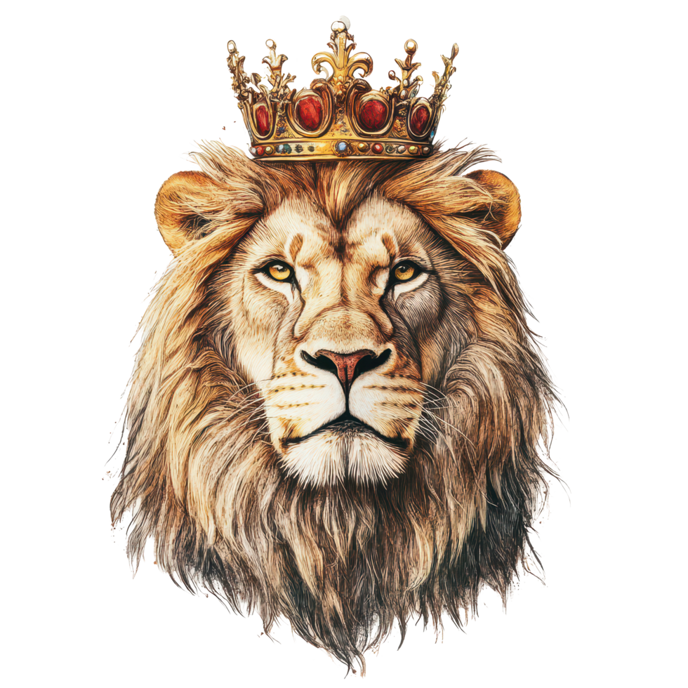 Majestic lion with a crown showcasing regal beauty against a pure transparent background, a lion with a crown, transparent background. png