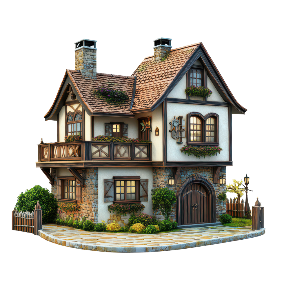 Charming cartoon house with a cozy design and garden, set against a bright transparent background in a whimsical style, 3D cartoon house, residence house transparent background png